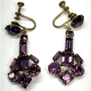Vintage purple glass rhinestone dangle drop screw back earrings